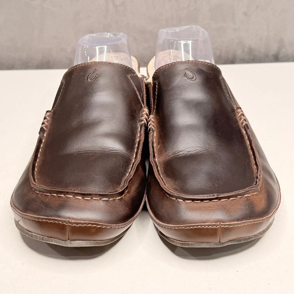 OluKai Moloa Slipper Mens 9 Dark Wood Leather Shearling Lined Loafers